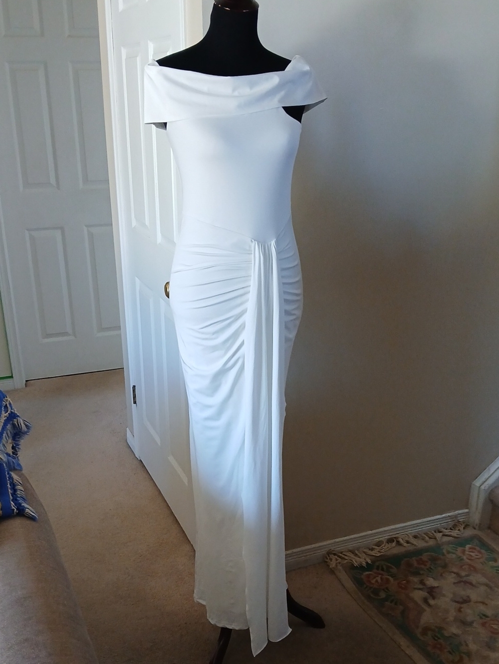 Off-Shoulder White Ruched Maxi Dress
